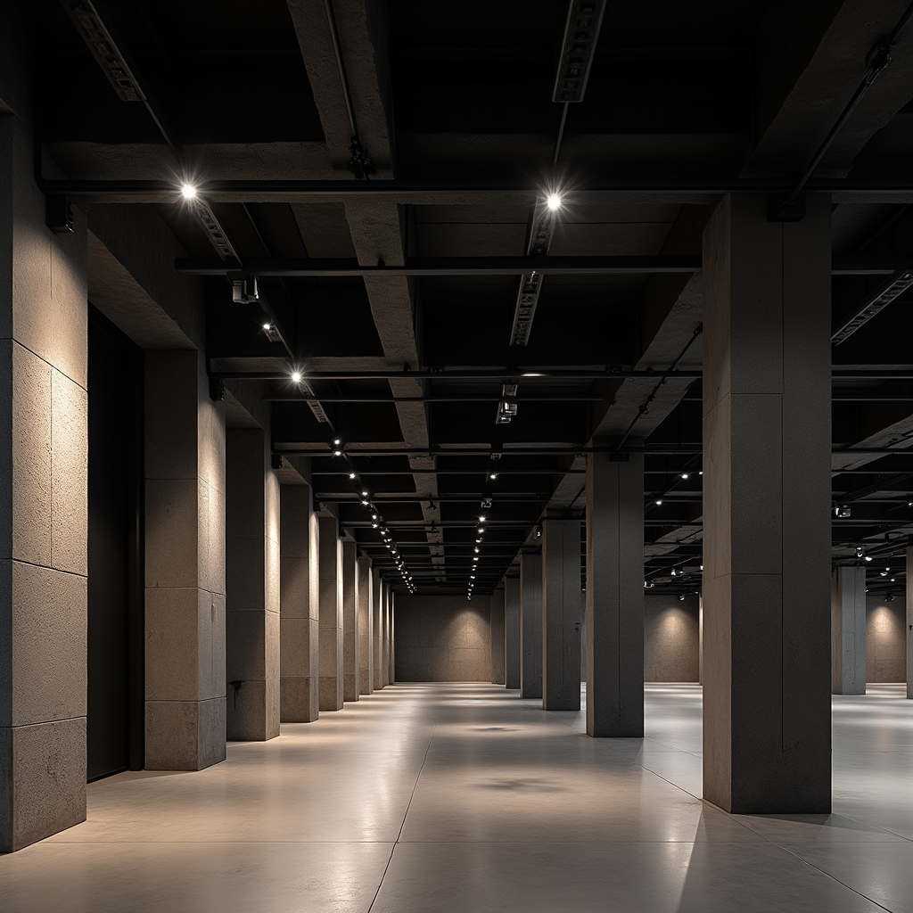 Low-angle shot of an industrial-modern basement ceiling featuring exposed blackened steel beams and recessed architectural lighting.