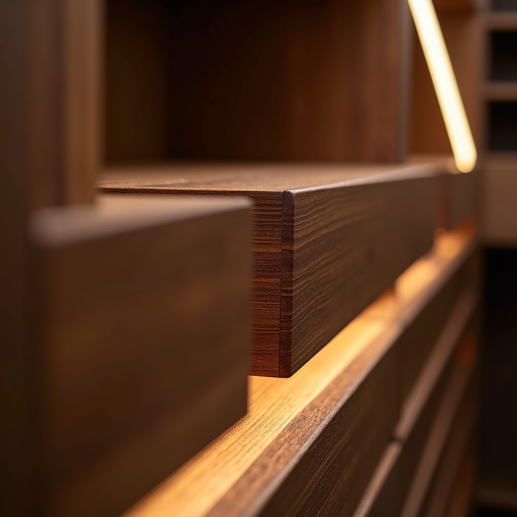 Close-up detail of a custom-built walnut walk-in closet with integrated LED strip lighting and seamless joinery.