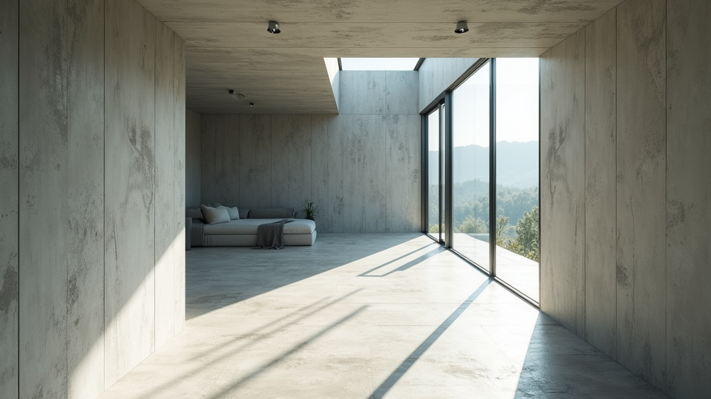 High-angle architectural shot of a modern concrete and glass home interior with stark sunlight creating geometric shadows, emphasizing clean lines and structural precision.