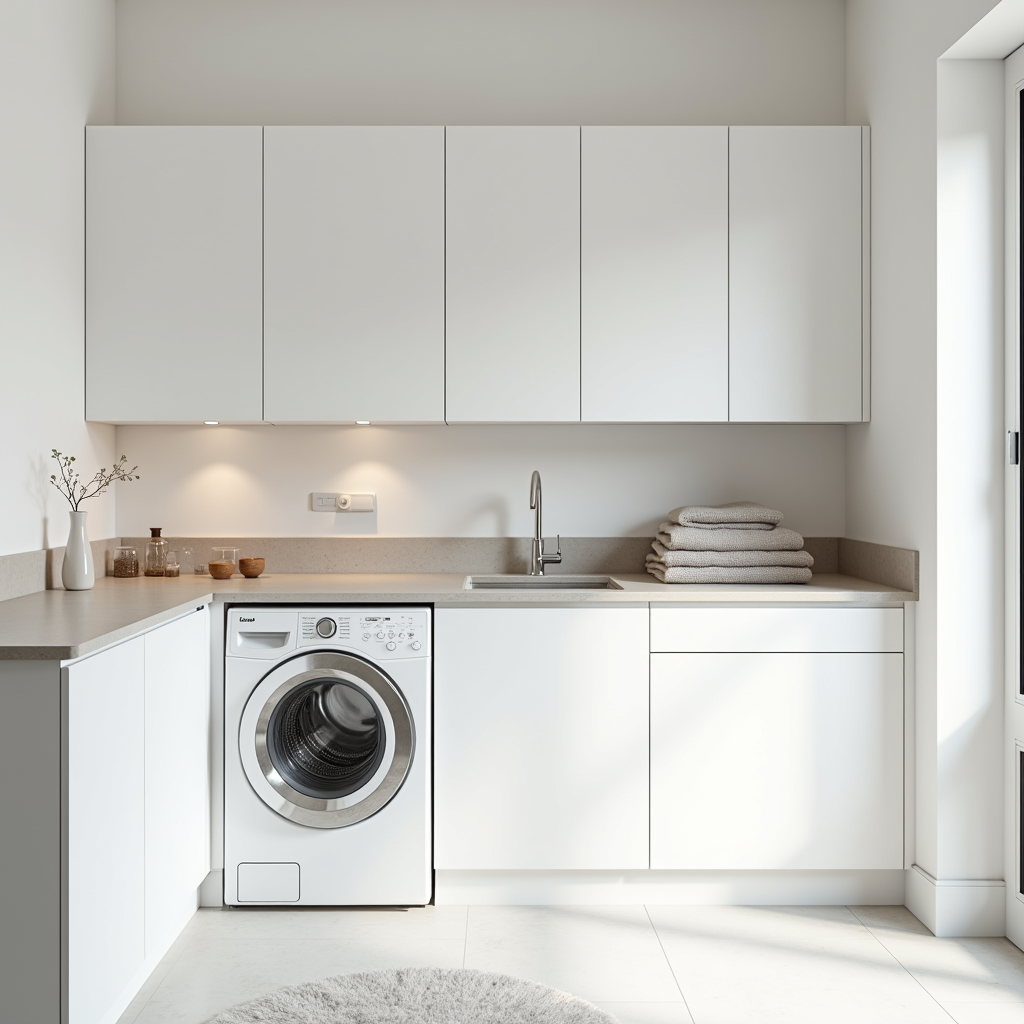 Minimalist laundry room with white matte cabinetry, integrated appliances, and a natural stone countertop, shot in a bright, airy aetherial style.