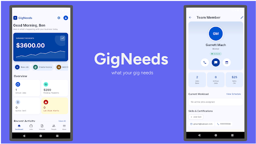 GigNeeds App UI Design showing dashboard and scheduling screens